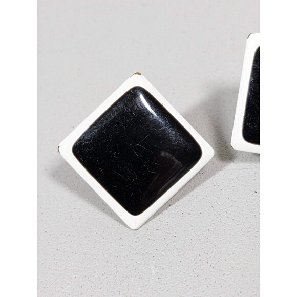 Vintage Napier Black White Square Metallic Clip On Earrings Mid Century Modern - Picture 3 of 7